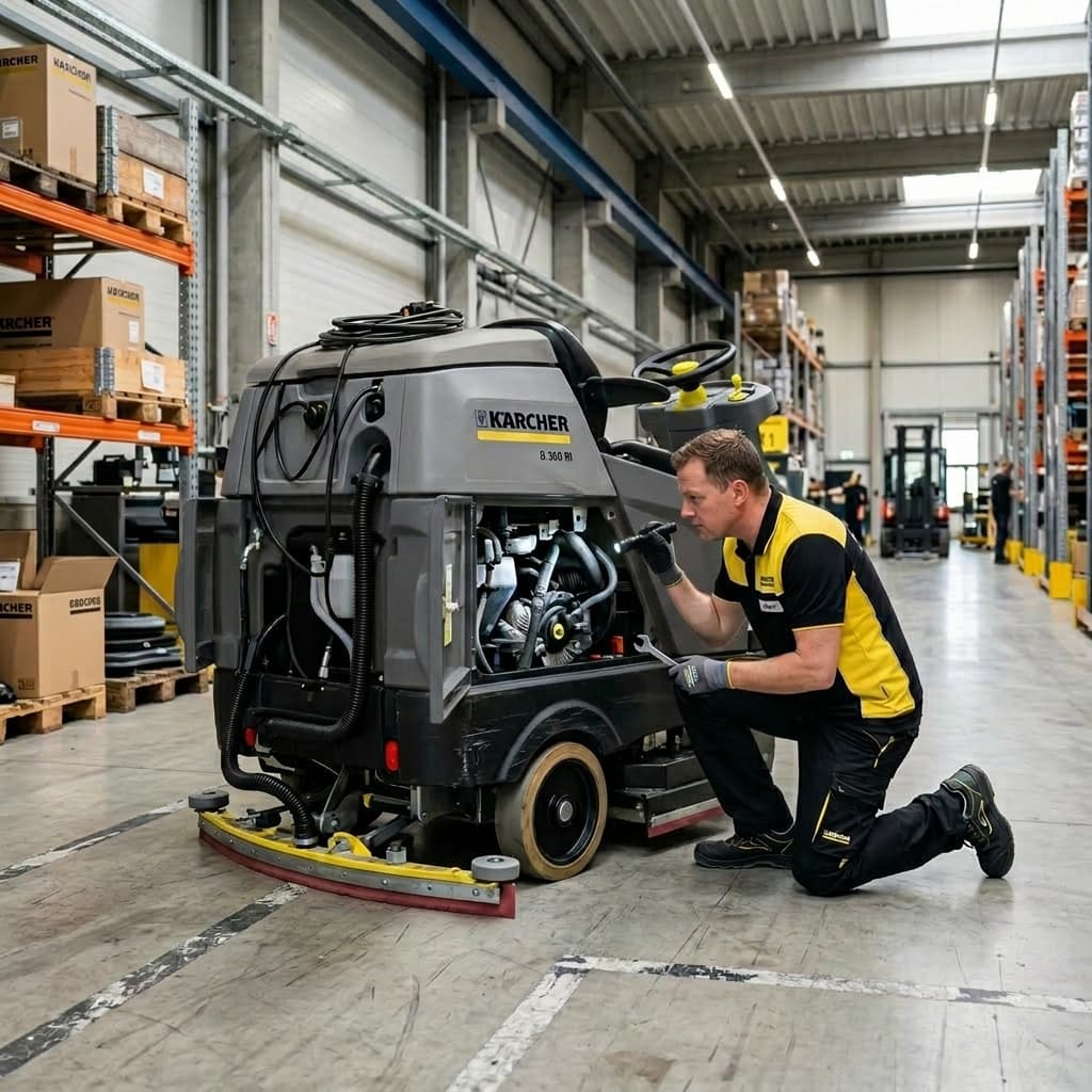 Técnico Kärcher realizando manutenção em equipamento industrial