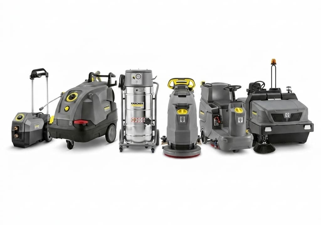 Linha completa de equipamentos Kärcher — varredeiras, lavadoras de piso, aspiradores e lavadoras de alta pressão
