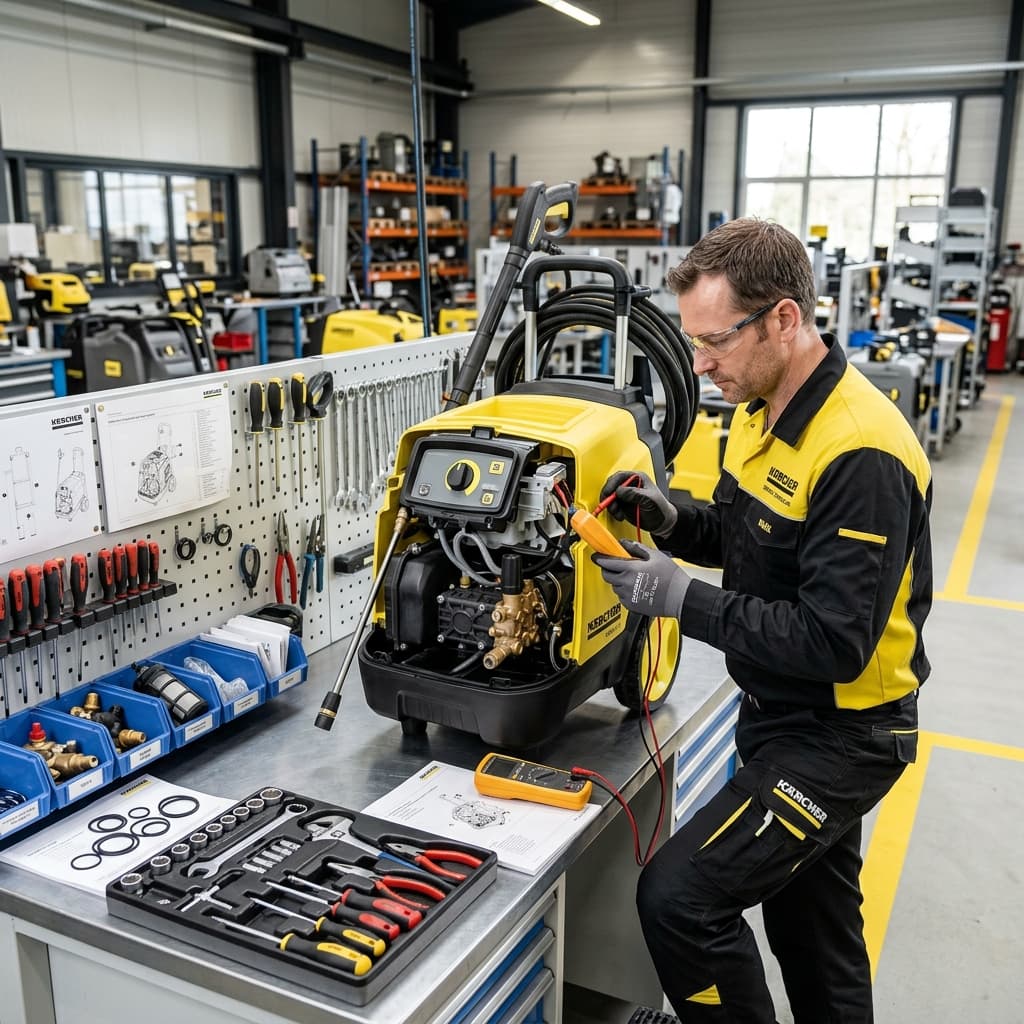Técnico Kärcher realizando diagnóstico em equipamento sobre bancada organizada